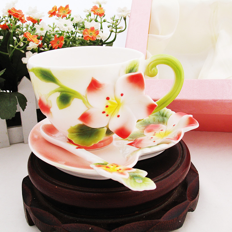Jingdezhen bone manual kneading carved enamel color Redbud coffee cup saucer spoon three gift sets