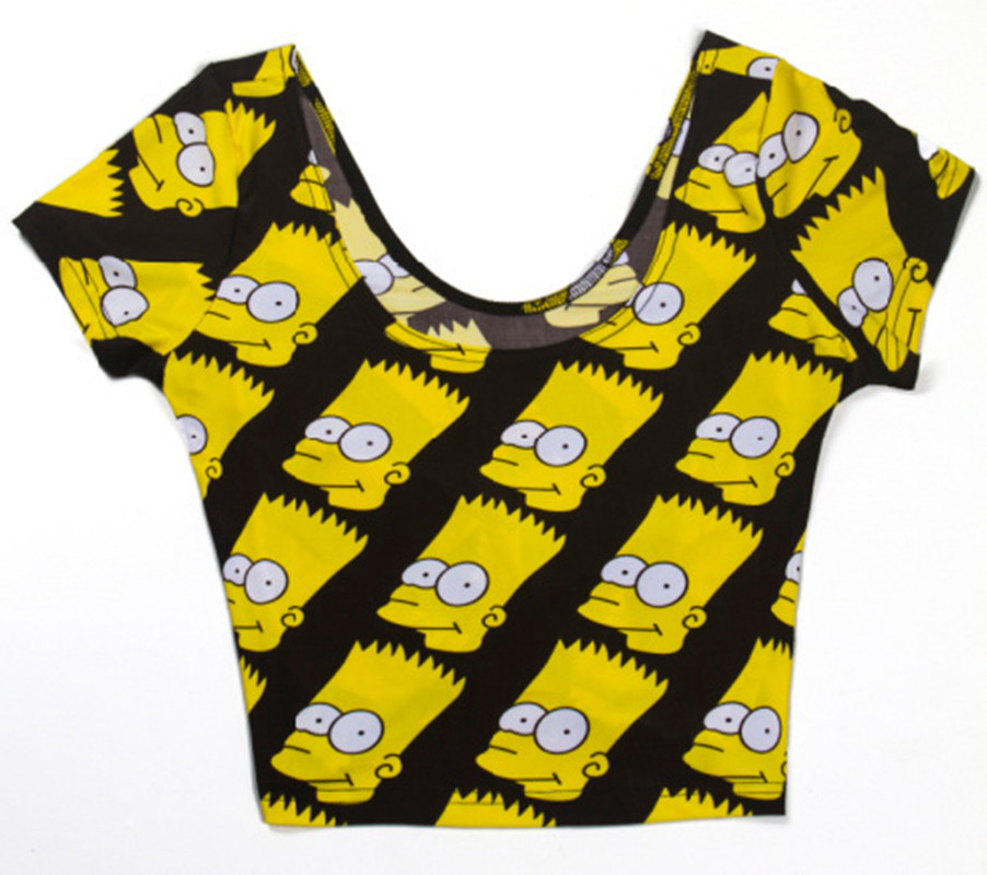 Summer 2015 Punk Style O Neck Cap Sleeve Crop Top Cartoon 3d Print T Shirt Sexy Women Colorful 8536