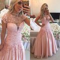 Amazing girls appliques prom dresses high neck pink A line evening wear dresses vestido de festa