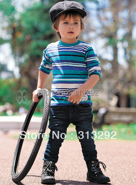 HL8186, 5sets/lot, baby children clothing sets for Spring/Autumn, long sleeve stripe T shirt + denim pant for 1-5Y.
