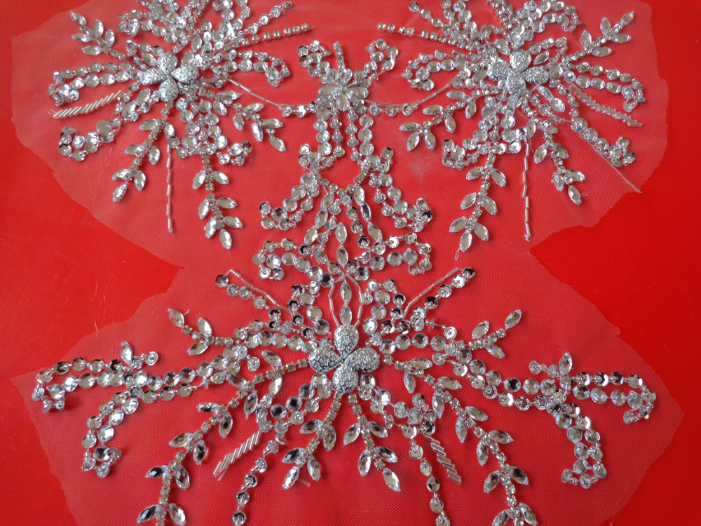 Description Picture 5 of itemPure hand made sew on Rhinestones applique silver sequins crystals trim  patches 95*36cm DIY dress accessory