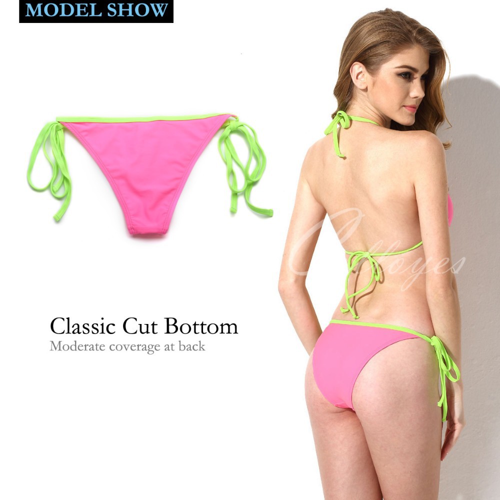 CA151002-104 Colloyes Ladies Newest Sexy Pink + Green Lace Triangle Top + Classic Cut Bottom Bikini Swimwear Lovely Candy Triangl Bikini Suit (5)