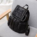 Trendy Rivets Inlaid Women Backpack 2016 New Genuine Leather Preppy Style Bag Drawstring Flap High Quality