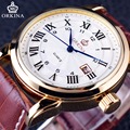 Orkina Classic Roman Series Brown Genuine Leather Strap Calendar Display Clock Mens Watch Top Brand Luxury