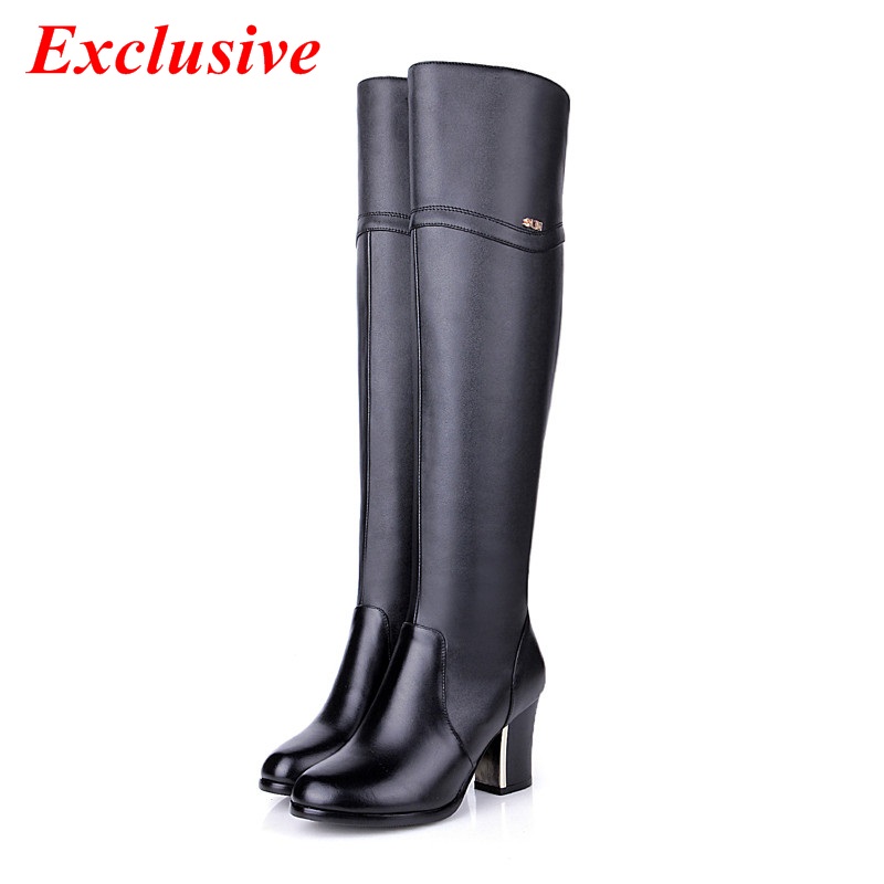Thick With Knee Boots 2015 Winter Full Grain Leather Long Boots High-heeled Shoe Black Zip Thick With Knee Boots 34cm-44cm