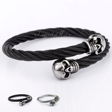 Mens Silver 316L Stainless Steel Skull Charm Rope Cuff Bangle Bracelet KG55