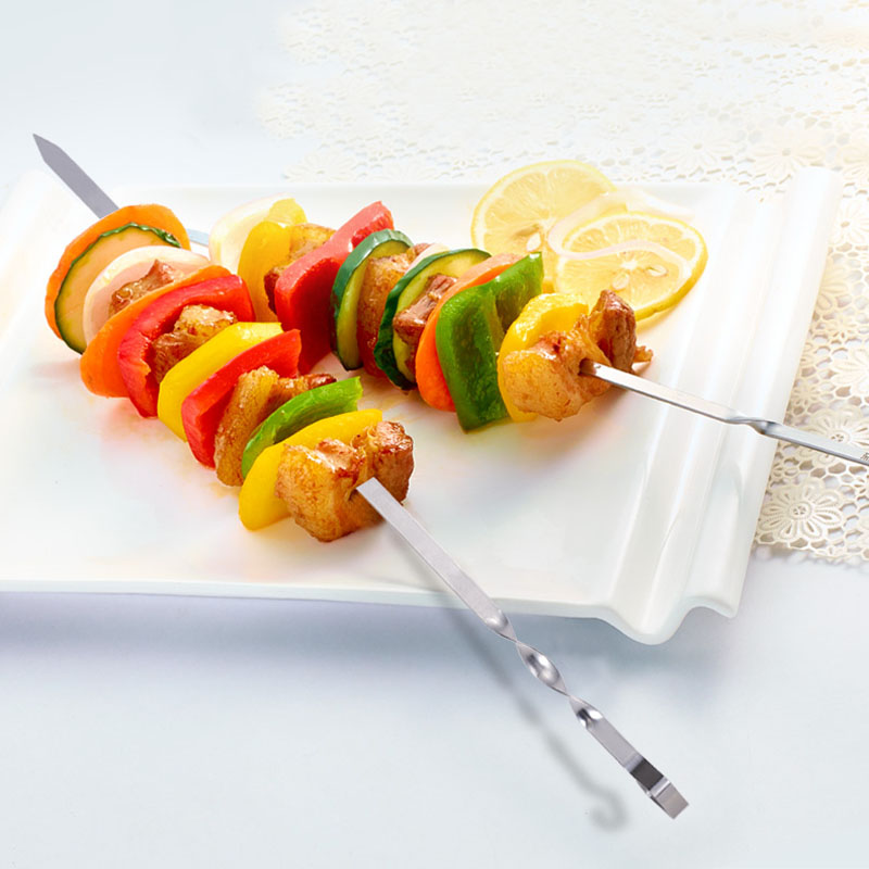 Hot 10pcs Long BBQ Roasting Skewers Roast Stainless BBQ Needle Flat