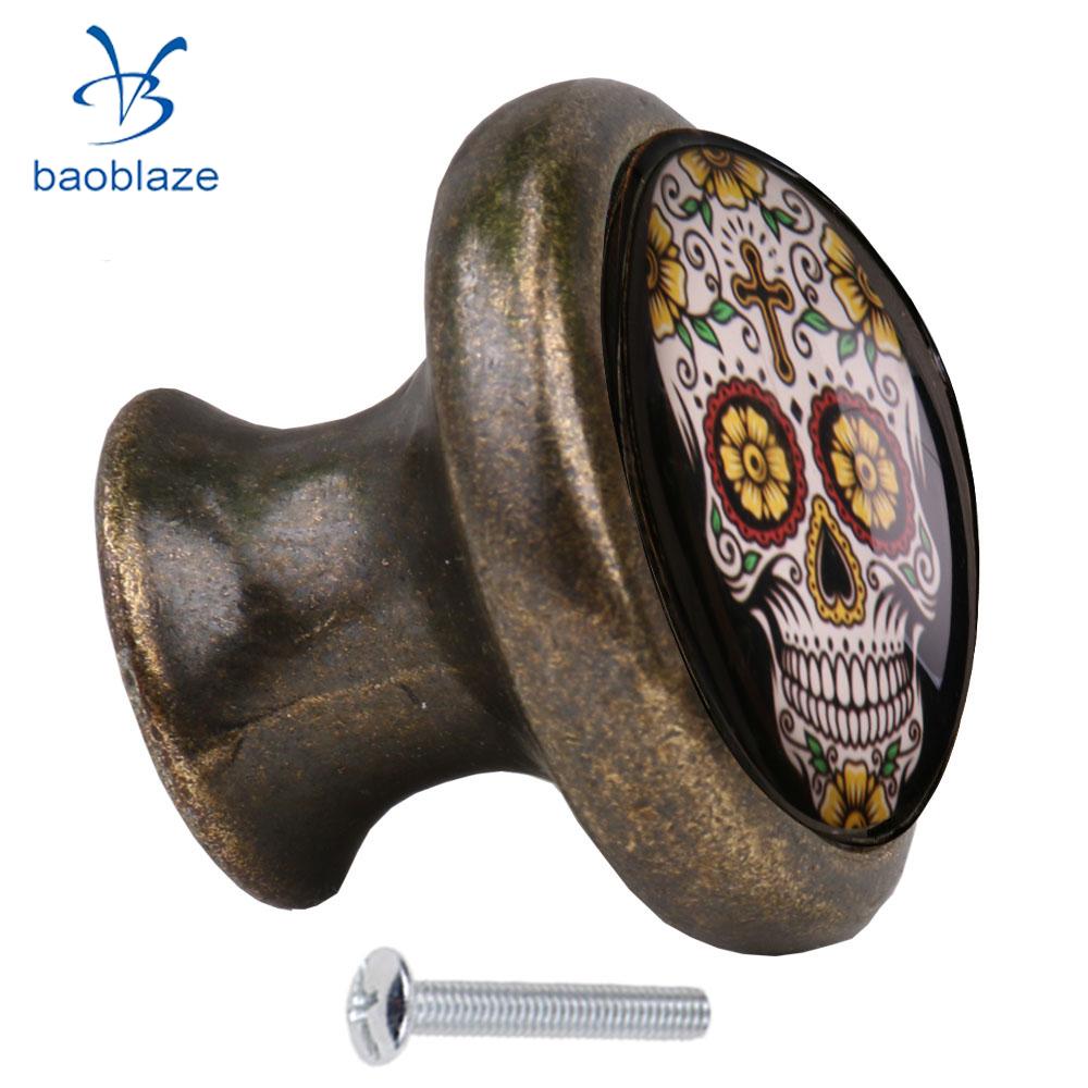 2pcs Skull Pattern Vintage Metal Door Knob Cupboard Cabinet Bin