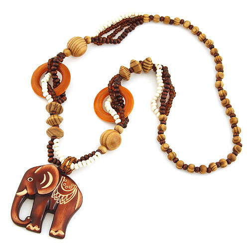 Fashion Bohemian Vintage Ethnic Wood Elephant Long Sweater Chain Necklaces Pendants for Women Statement Necklace Jewelry