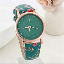2015 New Fashion ok Women Dress Watches Multicolor flower leather Band Quartz wristwatch Ladies Rhinestone watch
