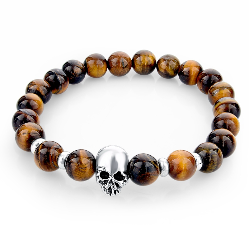 2015 New fashion natural stones skull bracelet For women Lava stone beads and tiger eye stone