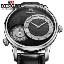 Military Binger GMT Watch for Men Japan Quartz watches Luxury brand Casual watch Leather wristwatch Map watches Geneva