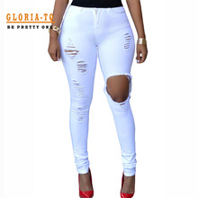 White Black Hot Ripped Skinny Jeans Women Full Length High Waist Hole Sexy Slim Jeans 2016 Pencil Denim Pants Jeans Femme Mujer