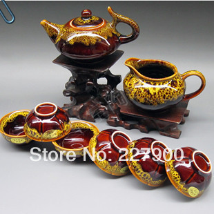 Chinese Antique Junyao Yellow And Brown 8 Piece Ceramic Small Kung Fu Tea Set Tea Service