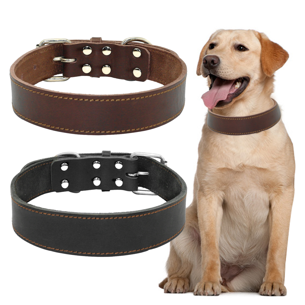 Black Brown Durable Genuine Leather Dog Pet Collar for Medium And Large