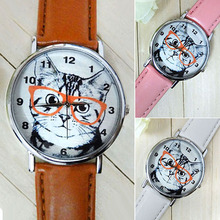 Moda fresca nuevos hombres del reloj de la mujer gafas Cat Dial de cuero de imitación correa cuarzo analógico reloj de pulsera