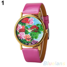 Woman watches Rural Peony Flowers Printed Faux Leather Round Dial Analog Quartz WristWatches 28F7