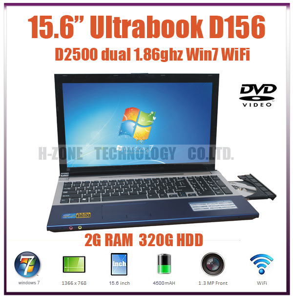15 6 Laptop Ultrabook Intel Atom D2500 Dual core 1 86Ghz 2G RAM 320G HDD Win7