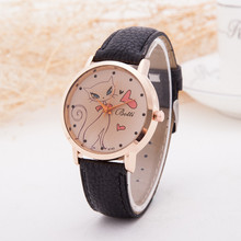 Cute Cat Pattern Cartoon Women Watches High Grade Leather Quartz Watch Simple Gold Dial Brand Wristwatch Reloj Mujer 2015 Clock