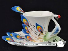 Free shipping Porcelain enamel Peacock coffee cup Set peacock Saucer Spoon Creative gifts Art Pottery blue