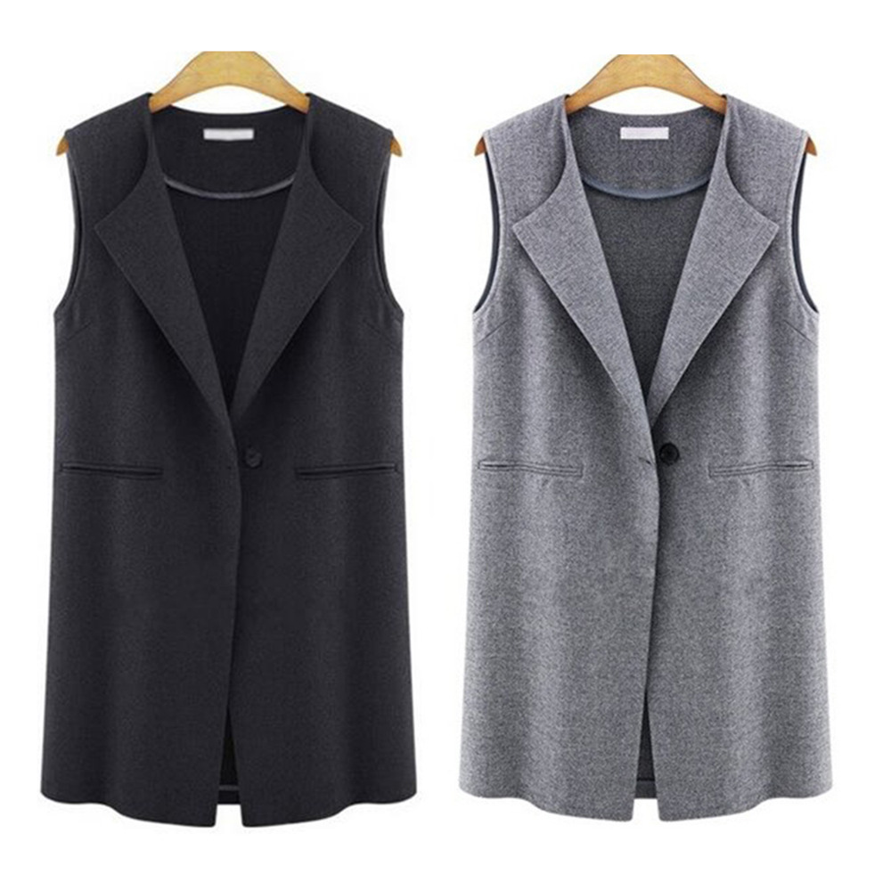 2015 New Women Longline Waistcoat Draped Vests Sleeveless Trim Jacket