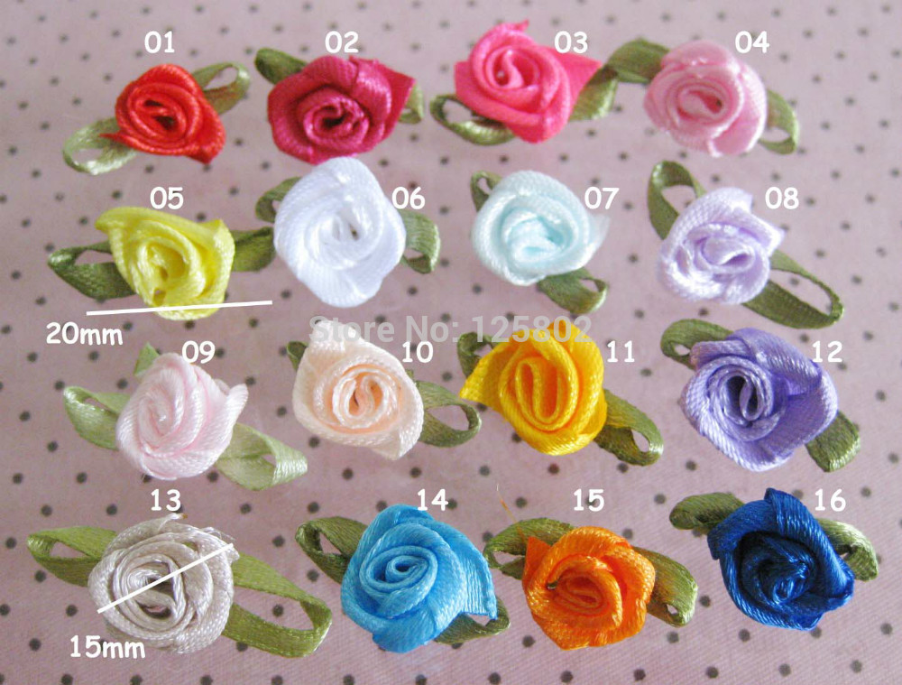 can choose colors FS022 Ribbon Rosettes With Green Leaf 2CM Ribbon Flower 100pcs Clothes Accessory