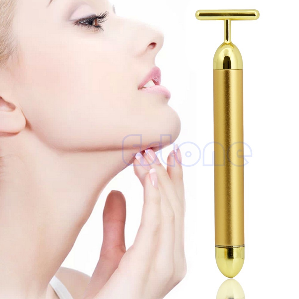 Free shipping 24K Golden Waterproof T Shape Pulse Beauty Bar Facial Roller Massager Skin Care