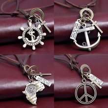 Trendy Genuine Leather Necklaces Steering wheel/Anchor/Round Shape Pendant Necklace High Quality Jewelry Accessories 2016