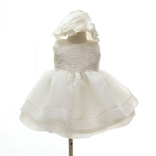 AZEL 2016 Summer new baby girl baptism dress with hat ball gown solid formal baptism clothes baby girl christening gowns SKF