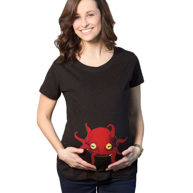 New-Fashion-Black-Color-Tee-cute-octopus-peeking-out-Printed-maternity-Funny-O-neck-Casual-K34
