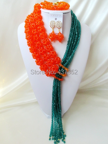 Gorgeous 2015 New Orange Teal Amy Green Crystal Ball Costume Necklaces Nigerian Wedding African Beads Jewelry Set NC1255