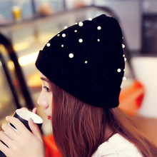 New Fashion Women Winter Warm Beanie Pearl Wool Knitting Hat Cap LJ011