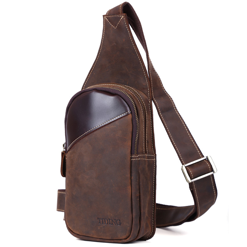 TIDING Sling backpacks for men small single shoulder bag cowhide leather hiking riding bag 3048 ...