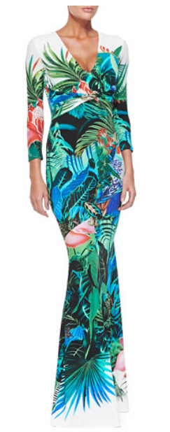 Free shipping Stunning Plant printed V-neck 3/4  sleeve Stretch Jersey Silk Maxi Dress Long Dress  150602EP574C