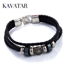 2015 New Black Leather String Bracelets & Bangles Vintage Beads Bracelet Men Women Wholesale pulseras (KAVATAR HA0002a)