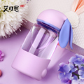 X W SB60286 340ML Cute Rabbit Glass Korean Glass Cup Water Bottle Drinking Glass with Silicone
