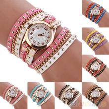 2015 New Colorful Multilayer Rivet Faux Leather Band Wrap Bracelet Wrist Watch Women 2J1O