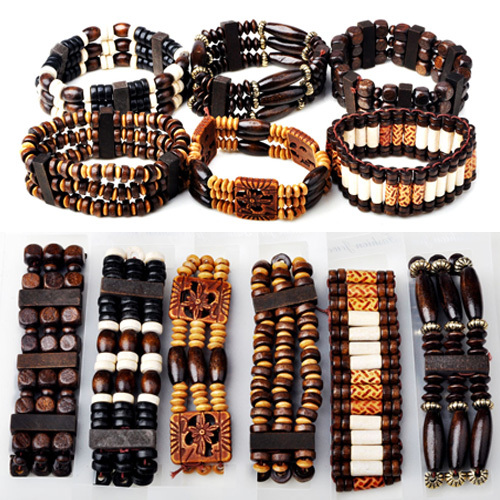 10pcs Wood Beads Charm Bracelet Elastic Women Bracelet Jewelry Adjustable Bangle Cuff Men Wholesale Mix Lot