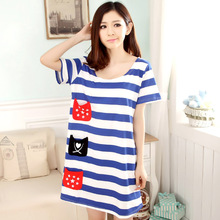 Summer New Fashion Women’s Knitting Cotton Striped Cute Sleep Dress Outdoor Sleepshirts Multi Pockets Casual Homewear Girls