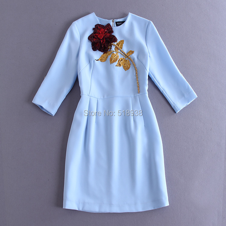New 2015 autumn women luxury brand fashion blue dress 3/4 sleeve one rose floral sequined cute mini fit and flare dresses