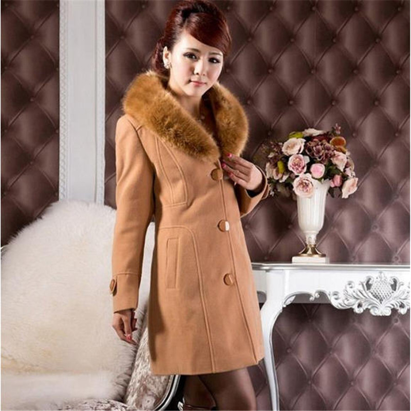 Fashion Ladies 2014 Elegant Long Sleeve Slim Women Winter Woollen Coat Single Breasted Winter Women Coats Jackets With Fur A236