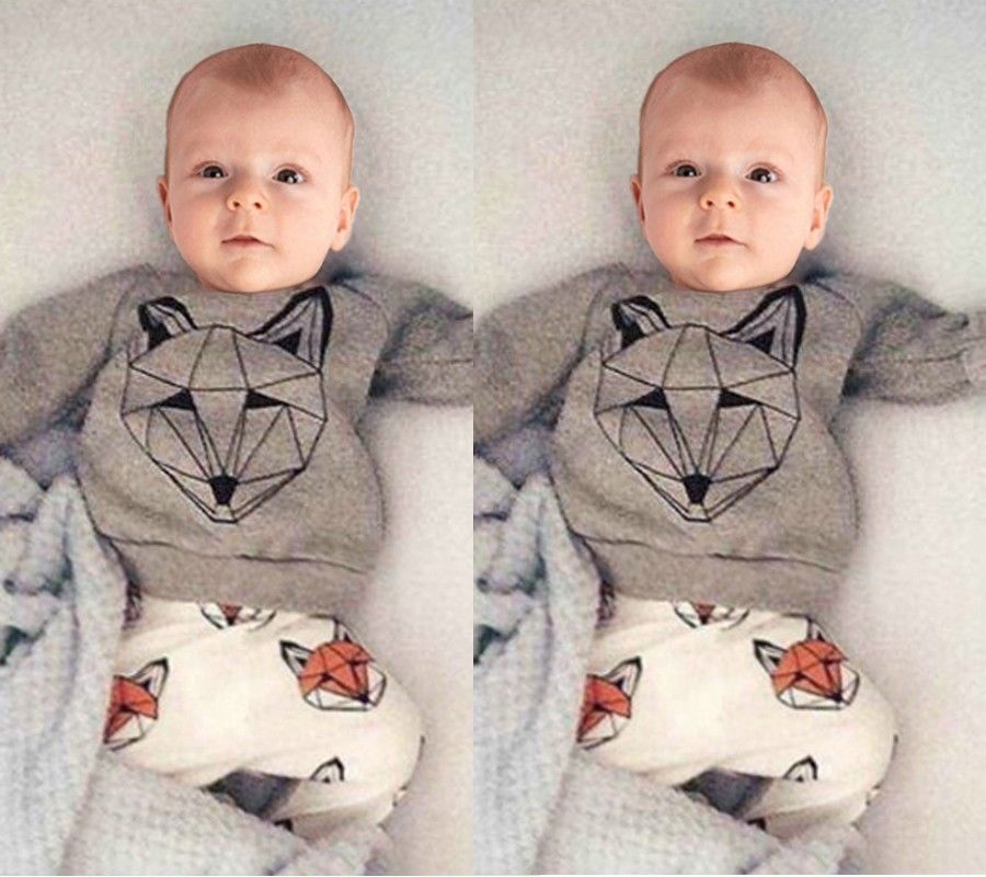 2pcs Toddler Kids Baby Boy Outfit Long Sleeve T-shirt Top+Pants Clothes Set Grey