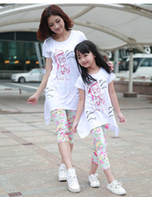 2016 Brand New Arrival Summer Family Cartoon Cat Clothing Set Mom And Daughter Short Sleeve T-Shirt + Pants Clothing Set