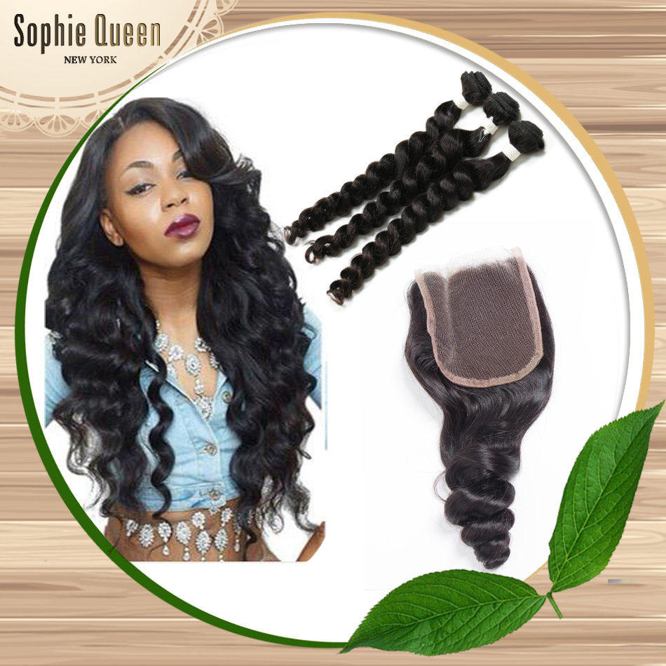 Sexy Formula Hair With Closure 7a Brazilian Loose Wave Virgin Hair With Closure Jet Black 28 Inch 3 Part Closure With Bundles