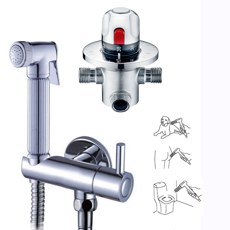 Brass Thermostatic Bidet Faucets Mixers Taps + Brass Hand Held Bidet Shower Sprayer + Shower Holder + Shower Hose k0516b
