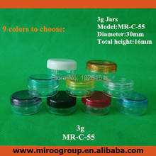 E-packet Free to USA 100PCS 3g PS clear cream jar cosmetic container sample plastic bottle, cosmetic packaging (9 colors lids)