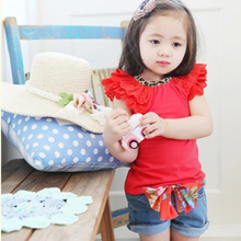 2016 2 Colors Girls Kids Ruffled Sleeves T-shirt Bow-knot Jeans Pants 1-6Y 2 PCS Set Outfits