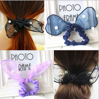 5PCS/LOT Free Shipping Lace Rabbit Ears Pearl Bowknot Lady Girls Hair Bands Hair Rope Ties