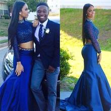 2016 Royal Blue Mermaid Two Pieces Prom Dresses High Neck Sequined Beaded Long Sleeves Evening Party Gowns robe de soiree EV80