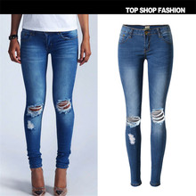 Women Jeans 2016 Brand Casual High Street Summer Fashion Mid Waist Ripped Slim Knee Hole Pencil Denim Pants